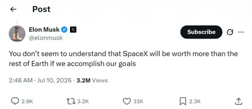 ▲馬斯克表示，「如果我們實現目標，SpaceX的價值將超過地球上其他一切的總和！」（圖／翻攝自X）