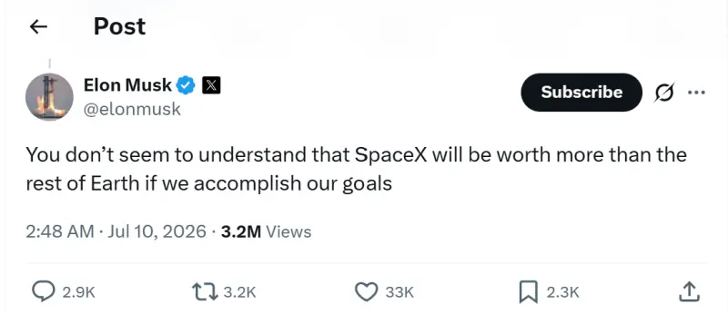    ▲馬斯克表示，「如果我們實現目標，SpaceX的價值將超過地球上其他一切的總和！」（圖／翻攝自X）  
