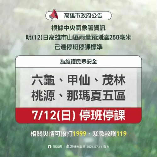 ▲高雄市今（12）日山區雨量達標，5個行政區停班停課。（圖／高雄市政府）