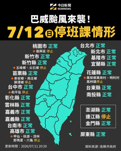 ▲7月12日各縣市停班停課情形一覽。（圖／NOWNEWS社群中心製）
