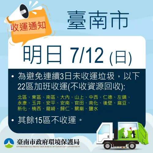 ▲7月12日（週日）台南市有22個行政區有垃圾車加班收運。（圖／台南市環保局）