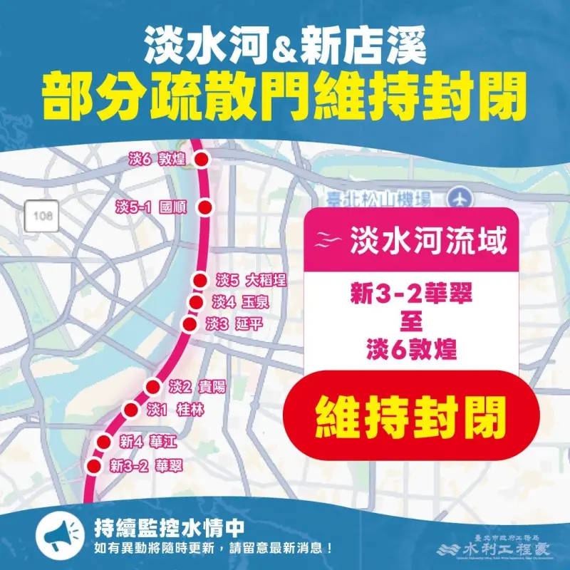    ▲台北市水利處提醒，河濱公園泥濘遍地，因此新店溪3-2號(華翠)疏散門至淡水河6號(敦煌)維持封閉 -淡水河敦煌疏散門。（圖／台北市水利處提供）  