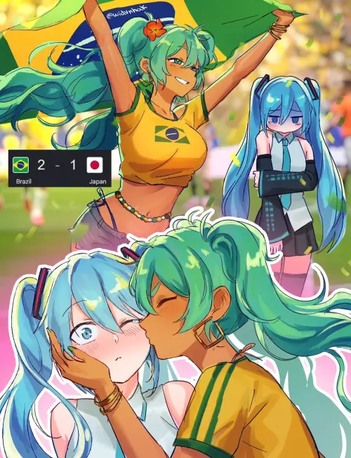 ▲巴西初音在淘汰日本後成為社群熱門角色，不少網友笑稱世界盃真正爭奪的是「初音監護權」。（圖／翻攝自＠widvnhak）
