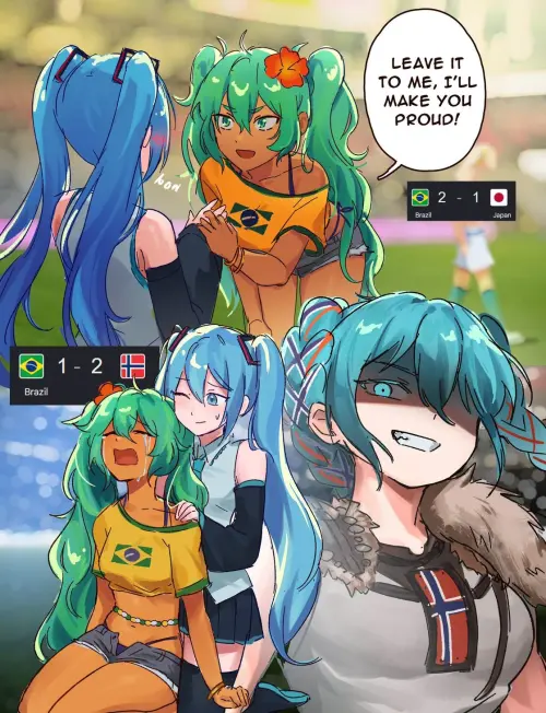 ▲巴西初音向日本初音承諾會繼續奮戰，隨後又因世界盃敗給挪威，將「冠軍初音」交棒給下一個國家。（圖／翻攝自＠widvnhak）