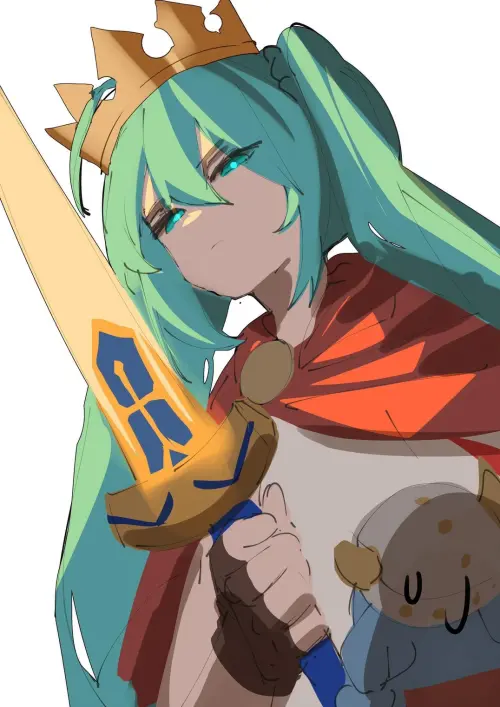 ▲挪威初音手持象徵勝利的寶劍，成為世界盃淘汰賽後最新一任「冠軍初音」形象。（圖／翻攝自＠HHHarukaz）