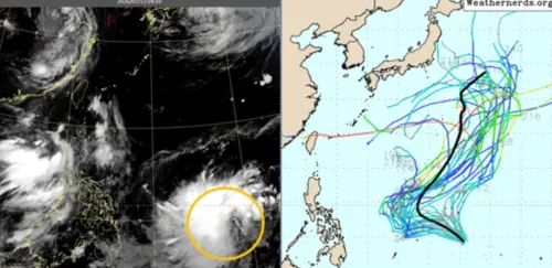 ▲菲律賓東方海面有熱帶雲簇還需要兩三天才能發展成熱帶低壓（左），不過目前預估路徑不會影響台灣（右）。（圖/吳德榮洩天機教室）