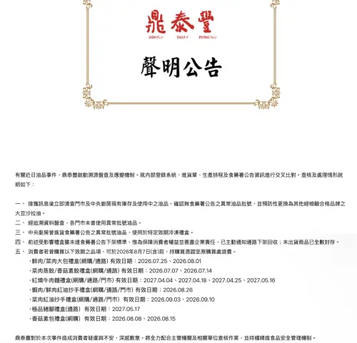 ▲鼎泰豐發布官方聲明公告，說明中央廚房問題油品之清查狀況，並公布 7 款受影響禮盒品項與 8 月 7 日前退費須知。（圖／翻攝自鼎泰豐官網）