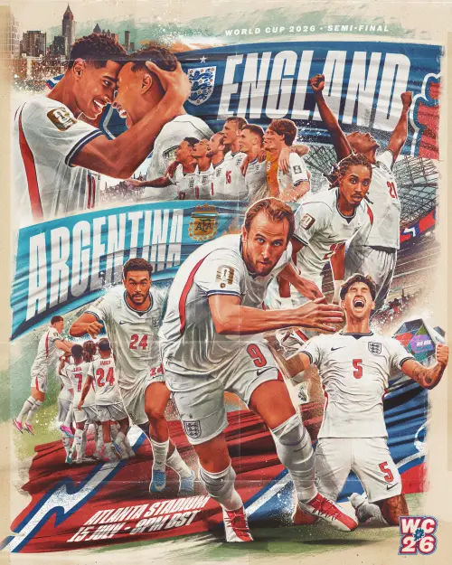 ▲面對英格蘭隊長哈里·凱恩（Harry Kane）與朱德·貝林漢姆（Jude Bellingham）的禁區衝擊，阿根廷的空中防線將面臨巨大考驗。（圖／翻攝自England X）