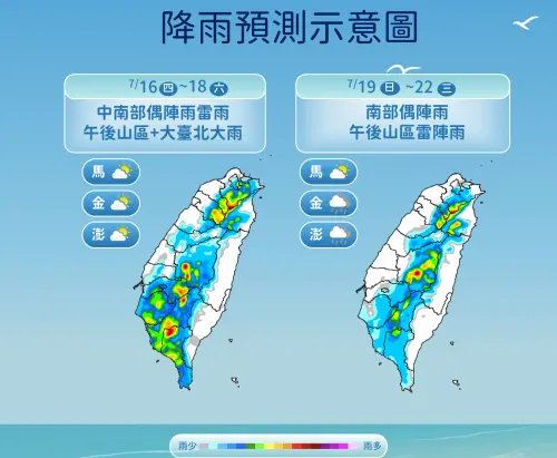 ▲受西南風影響，不穩定天氣將持續至下周，南台灣、中部有局部陣雨，北部及東半部午後也要留意雷陣雨。（圖／中央氣象署cwa.gov.tw）