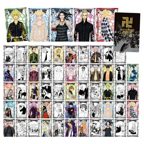 ▲快閃店販售《東京卍復仇者》主題小撲克牌，牌面結合角色插圖與漫畫原稿。（圖／曼迪傳播提供）