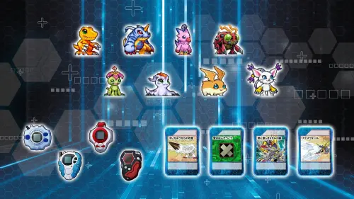 ▲《數碼寶貝 UP》收錄重新繪製的點陣數碼寶貝，並融合 Digivice 與數碼寶貝卡牌等系列經典元素。（圖／翻攝自《數碼寶貝 UP》）