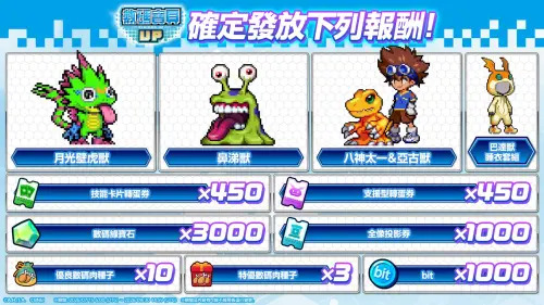 ▲官方發放事前登錄獎勵，包含八神太一＆亞古獸、轉蛋券及數碼綠寶石等多項資源。（圖／翻攝自《數碼寶貝 UP》）