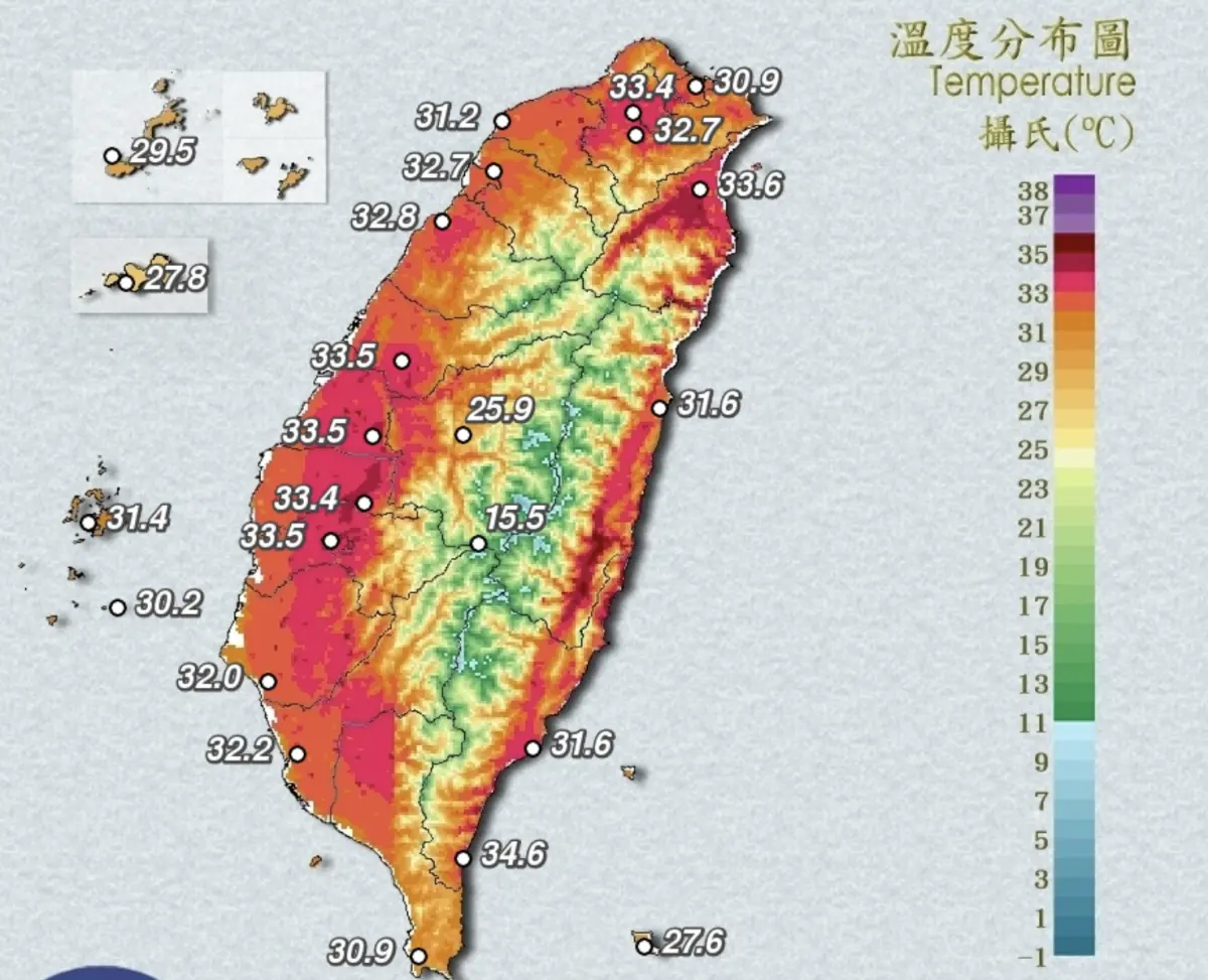 ▲西南風沉降影響，讓全台各地高溫炎熱，中央氣象署也發布高溫警戒。（圖／中央氣象署cwa.gov.tw）