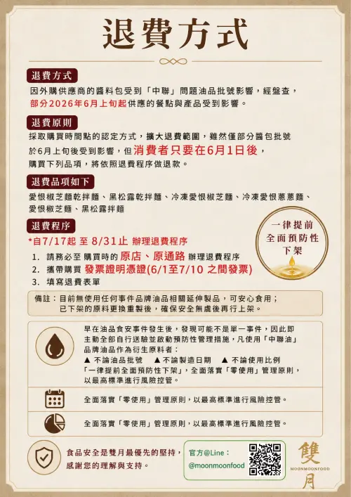 ▲雙月食品社致癌油商品，退費方式一圖看懂。（圖／雙月食品社moonmoonfood.com）