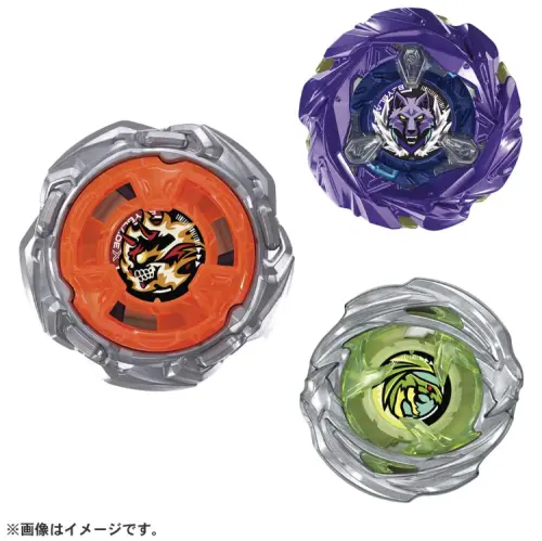 ▲UX-21 套組收錄地獄幽冥 Z（左）、霜灰銀狼 9-70R（右上）及翱翔飛龍 8-80B（右下）三款 UX 系列陀螺。（圖／翻攝自 BEYBLADE X）