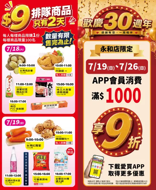 ▲愛買永和店限時優惠及活動，7月18日、19日驚喜推出「9元銅板價」限時搶購。（圖／愛買量販提供）