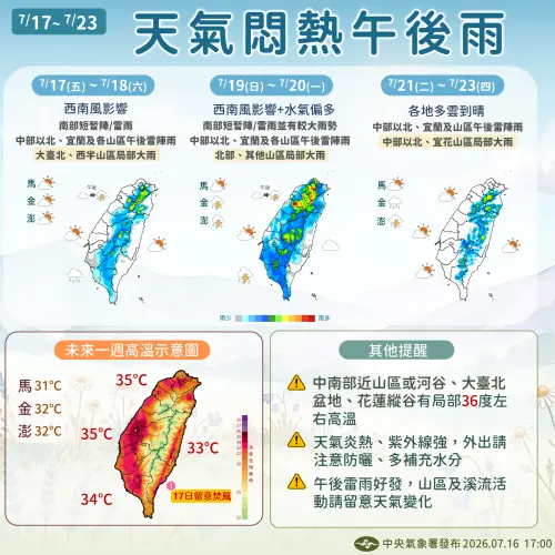 ▲到周六（18日）以前，台灣都受到西南風影響。（圖／中央氣象署cwa.gov.tw）