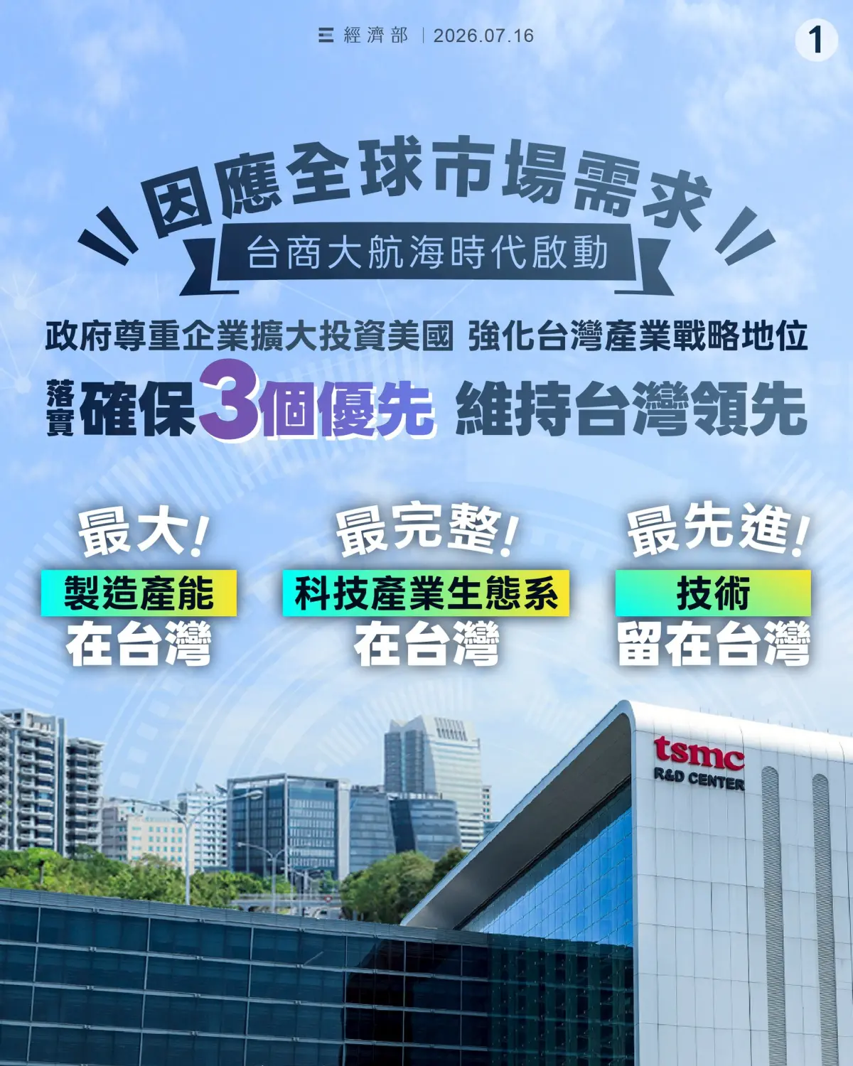 ▲經濟部晚間表示，面對台積電赴美投資，政府將確保3個優先，包括確保最大製造產能、確保最先進技術在台灣，維護最完整的台灣科技產業生態系，全力維持台灣領先。（圖／經濟部提供）