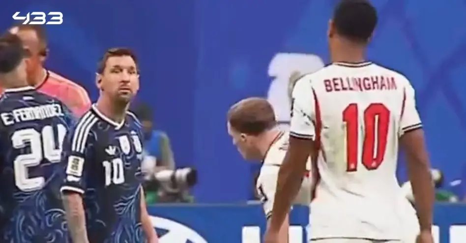 ▲梅西（Lionel Messi）在世界盃4強戰與貝林漢姆（Jude Bellingham）發生短暫言語交鋒，隨後挑眉點頭的畫面在社群平台爆紅，成為世界盃最狠迷因。（圖／翻攝自X ＠433）