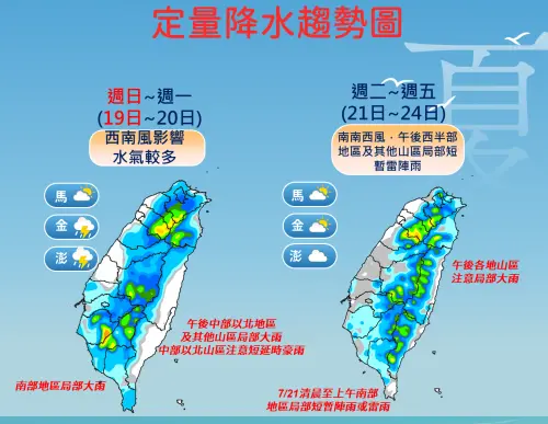 ▲未來一周台灣主要受西南風影響，南台灣沿岸容易有雨勢，北台灣、山區則有午後雷陣雨。（圖／中央氣象署cwa.gov.tw）