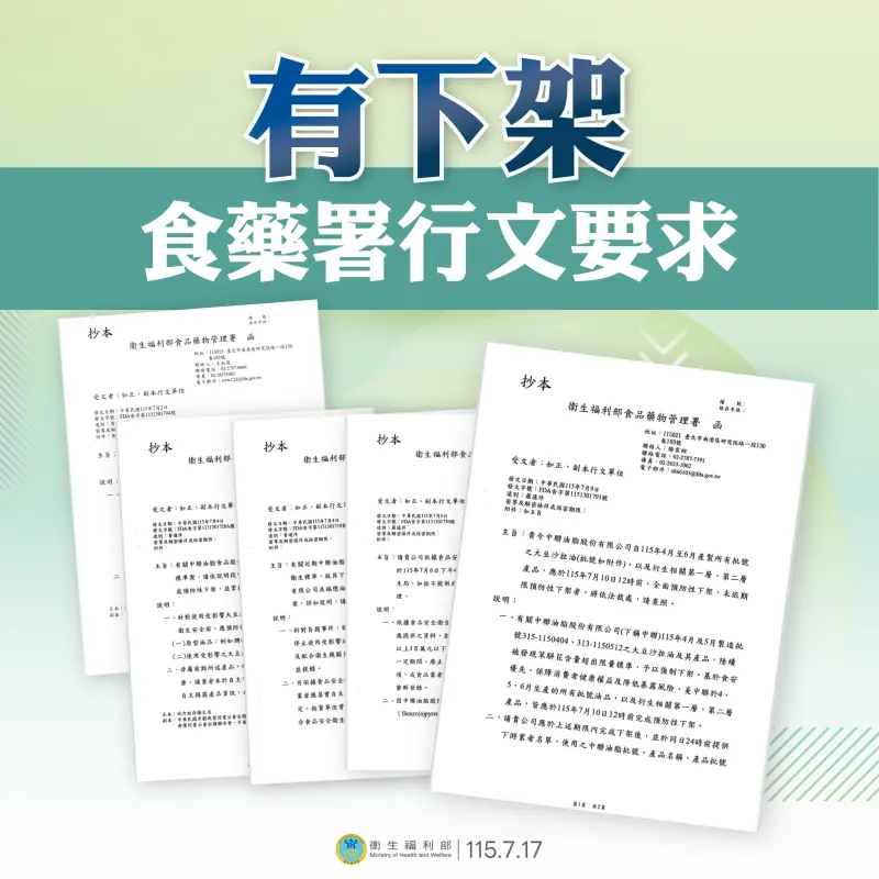    ▲食藥署說明，7月2日起陸續要求致癌油相關各層產品預防性下架。（圖／食藥署提供）  