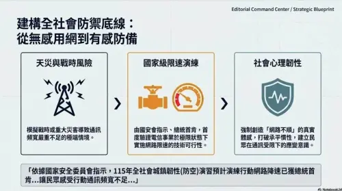▲此次演習並非單純模擬，而是實際進行手機網路限速測試，讓民眾親身體驗行動網路降速、頻寬不足的狀況，藉此驗證電信業者在極端情境下的應變能力，同時提升全民面對災害及戰時的通訊韌性與防災意識。（圖／新北市政府警察局）