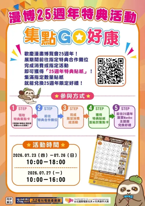 ▲漫博25週年推出「集點GO好康」，民眾可前往指定合作攤位完成消費或互動任務，蒐集特典貼紙兌換限定好禮。（圖／翻攝自漫畫博覽會）