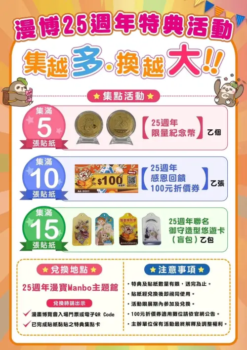 ▲「集點GO好康」集滿5張貼紙可換25週年限量紀念幣，10張可換100元折價券，15張則可兌換聯名御守造型悠遊卡盲包。（圖／翻攝自漫畫博覽會）
