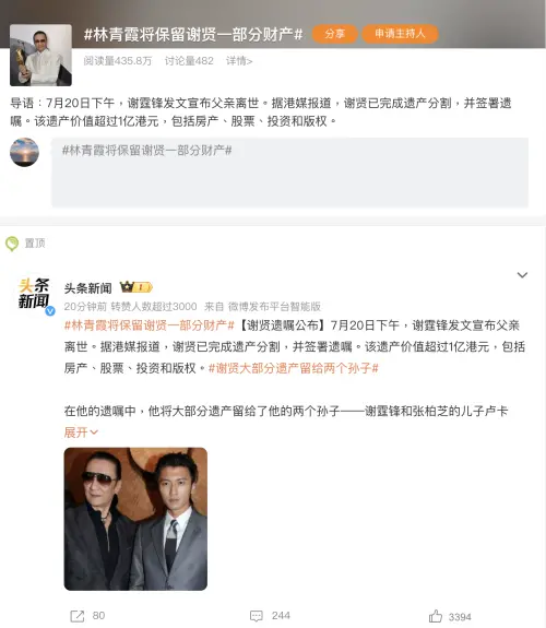 ▲微博甚至出現大量的「林青霞將保留謝賢一部分財產」關鍵字，是真是假有待官方說明。（圖／翻攝微博）