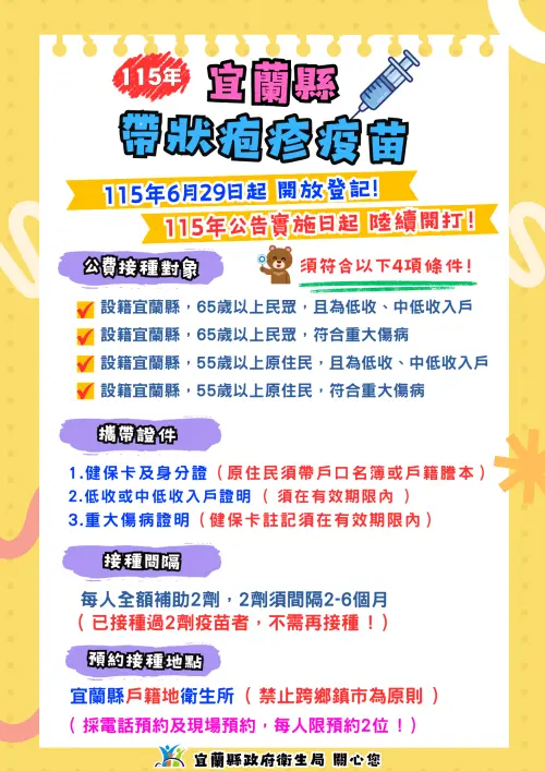 ▲宜蘭縣公費皮蛇疫苗免費接種計畫開跑，符合資格縣民可向戶籍所在地12鄉鎮市衛生所預約。（圖／宜蘭縣衛生局提供）
