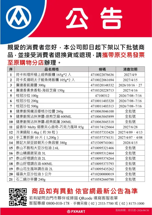 ▲中聯致癌油風暴持續延燒，全聯公告可退款品項。（圖／取自全聯）