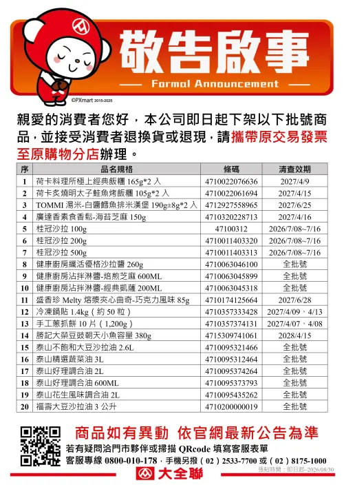 ▲中聯致癌油風暴持續延燒，大全聯公告可退款品項。（圖／取自大全聯）