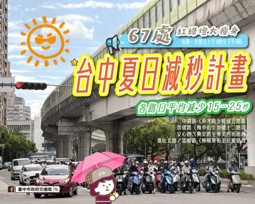 ▲台中市今年首度於暑假期間推動「紅燈減秒」抗暑試辦計畫，實施時間自 7 月 20 日起一路延續至 8 月 28 日止。（圖／台中市政府）