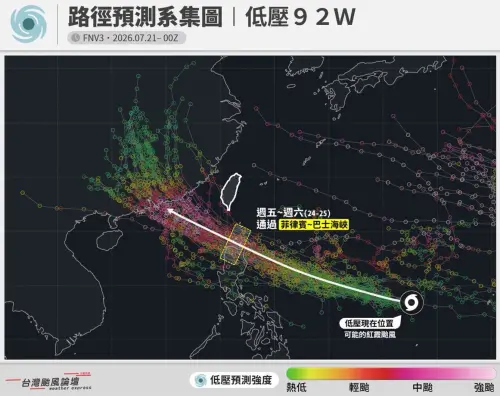 準紅霞颱風最新預測路徑出爐！周五、六最靠近台灣　中南部防陣雨