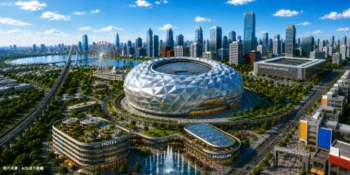 ▲新北大巨蛋選址正式拍板定案，場館周邊AI模擬示意圖。（圖／新北市府提供）