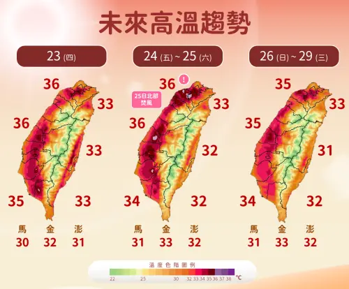 ▲白天高溫普遍來到32至35度，尤其桃園以北、中南部內陸、近山區、花東縱谷及臺東局部可達36度以上。（圖／中央氣象署cwa.gov.tw）