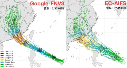 ▲目前AI系集資料（FNV3、ECAIFs）有共識但仍有一定變數，為偏北或偏南的問題。（圖／觀氣象看天氣）