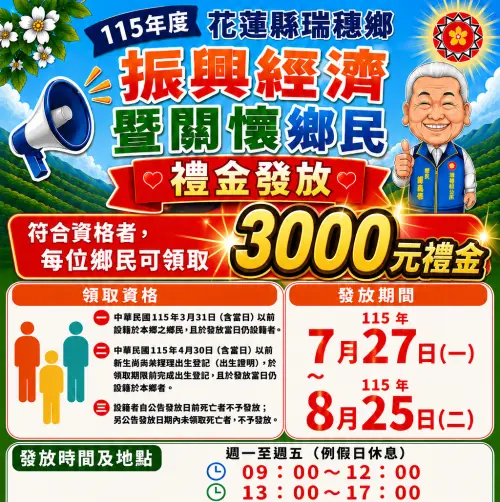▲花蓮縣瑞穗鄉將於7月27日發放「每人現金3000元」振興經濟暨關懷鄉民禮金。（圖／翻攝自花蓮縣瑞穗鄉公所官網）