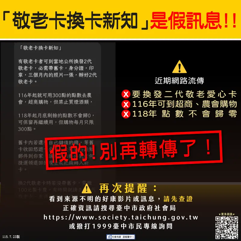 ▲台中市政府澄清,未來敬老卡可到超商、農會購物是「假訊息」。(圖/台中市政府提供,2026.07.23)