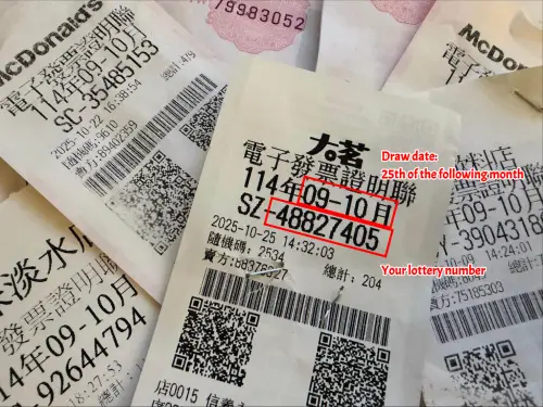 An annotated receipt shows where to find the draw period and eight-digit lottery number. (NOWNEWS image)