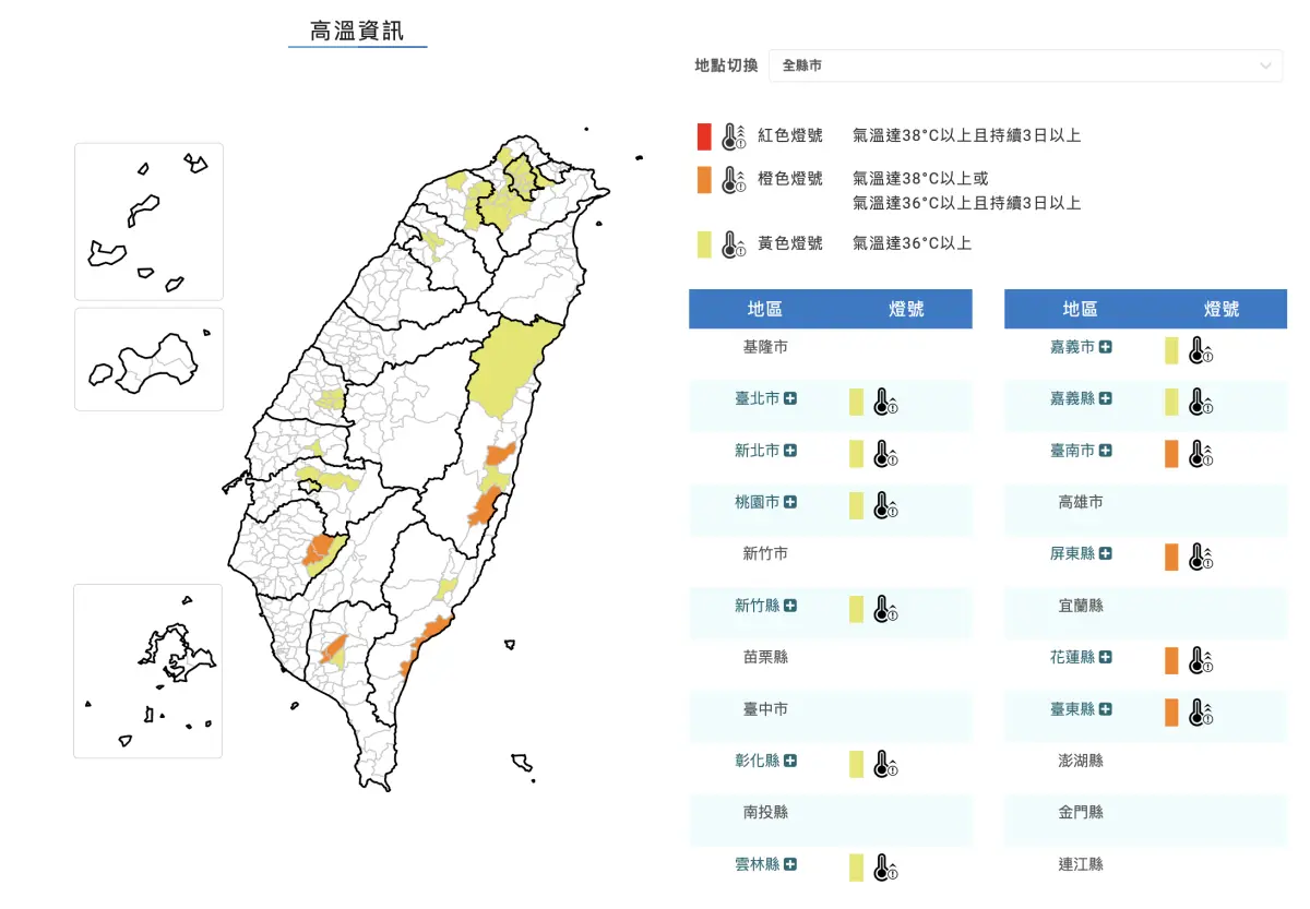 ▲中央氣象署發布高溫資訊，台南、屏東、花蓮及台東部分地區亮起橙色燈號，有連續出現36度高溫的機率；雙北、桃園、新竹、彰化、雲林及嘉義等地則亮黃色燈號。（圖／中央氣象署cwa.gov.tw)