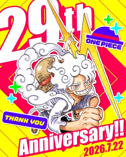▲《ONE PIECE》邁入29周年，公開紀念視覺，由「五檔魯夫」站在醒目的「29th」字樣前向粉絲致謝。（圖／翻攝自ONE PIECE）