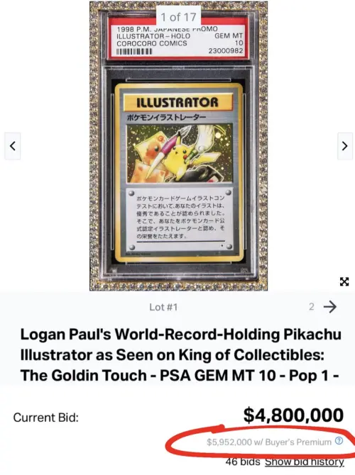 ▲美國摔角網紅Logan Paul今年2月以1649.2萬美元（約新台幣5.2億元）賣出全球唯一PSA 10級「皮卡丘插畫家卡」，創下金氏世界紀錄。（圖／IG@loganpaul）