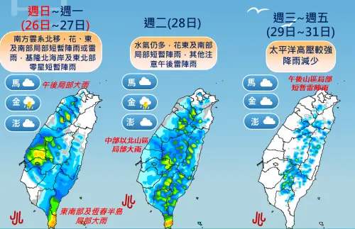 ▲氣象署公布未來一週定量降水趨勢，週日至週一南方雲系北移，花東、南部及午後山區為主要降雨熱區；週二水氣仍多，中部以北山區須防局部大雨。（圖／中央氣象署cwa.gov.tw）
