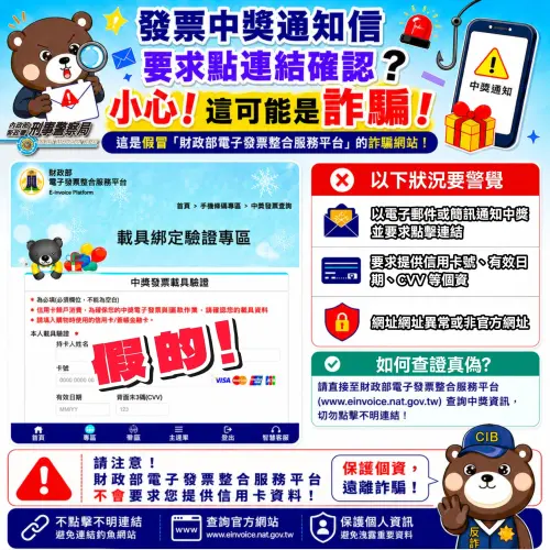 ▲165打詐儀錶板提醒，政府網站網址皆為「.gov.tw」，官方中獎通知不會要求輸入信用卡號、CVV或OTP驗證碼。（圖／取自臉書粉專「165全民防騙﻿」）