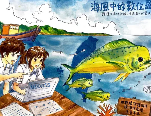 ▲新北市時雨高中及新北市復興高級商工職校聯隊，透過水彩創作呈現鬼頭刀洄游、繁衍與黑潮環境間的連結。(圖／國家海洋研究院提供)
