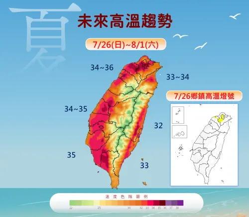 ▲未來一周沒下雨時高溫悶熱，各地白天普遍都能來到33至36度。（圖／中央氣象署cwa.gov.tw）