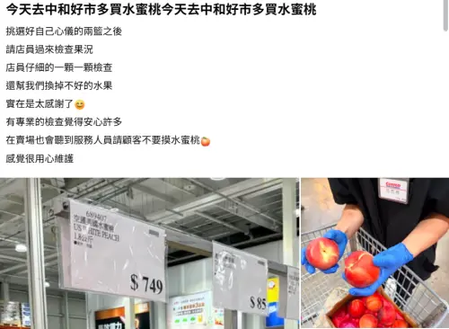 ▲好市多安排店員戴手套逐顆翻面檢查水蜜桃外觀，若發現碰傷或瑕疵也會協助更換，避免消費者買到受損水果，貼心作法獲得不少會員好評。（圖／翻攝Costco好市多 商品經驗老實說）