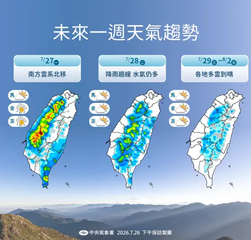 ▲中央氣象署於今（26）日晚間發布了未來一周降雨趨勢。（圖／中央氣象署cwa.gov.tw）