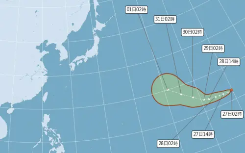 ▲熱帶性低氣壓目前在台灣東方約6000多公里的遠海，未來強度會快速發展，並成為白海豚颱風。（圖／中央氣象署cwa.gov.tw）